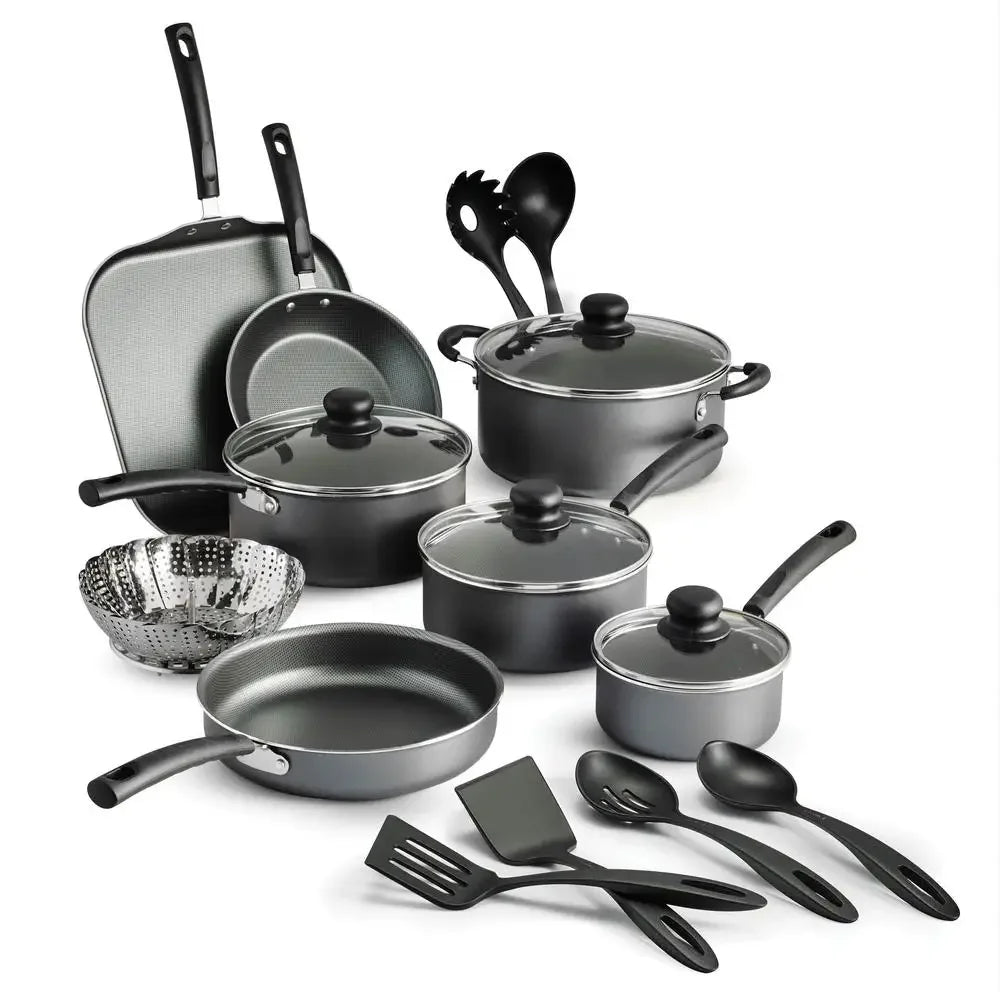 Nonstick Stainless Steel Cookware Set Kitchen Pots Pans Nonstick Gray Lids Spoons Ladle Griddle Turners 18 Piece Set