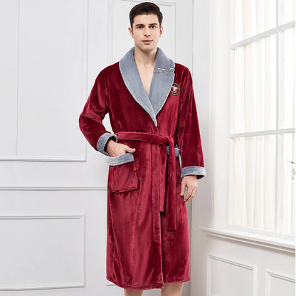 Thickened Flannel Men Robe Sleepwear Autumn Winter Warm Coral Fleece Bathrobe Gown Nightwear Loose Casual Home Wear Loungewear