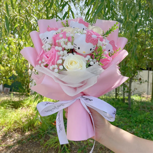 Kawaii Hello Kitty Doll with Artificial Flowers | Sanrio Bouquet Gift