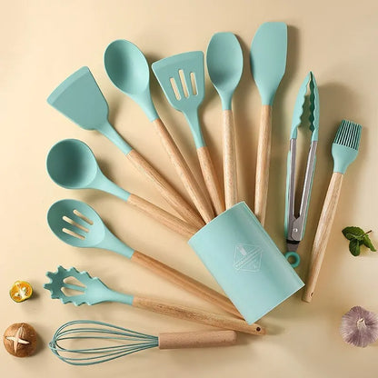 12-Piece Wooden Handle Silicone Utensil Set with Storage Bucket