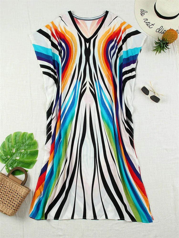 2025 Boho Colorful Wave Printed V-neck Bat Sleeve Beach Dress Women Summer Swimwear Coverup Cozy Plus Size Kaftan Homewear Q1674