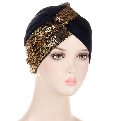 Women Glitter Sequins Turban Hat Fashion Bonnet Twist Solid Color Hijab Chemo Cap Head Wraps Elegant Headscarf Stretchy Headband