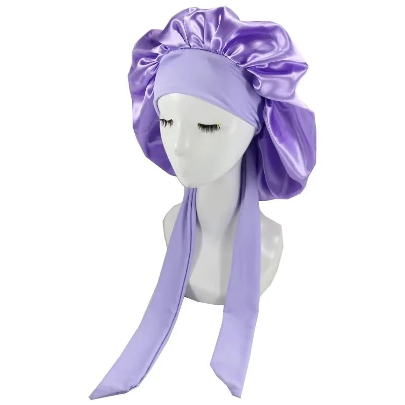 New Satin Solid Sleeping Hat With Stretchy Tie Band Elastic For Women Night Shower Cap Adjustable Hair Head Cover Bonnet Turban