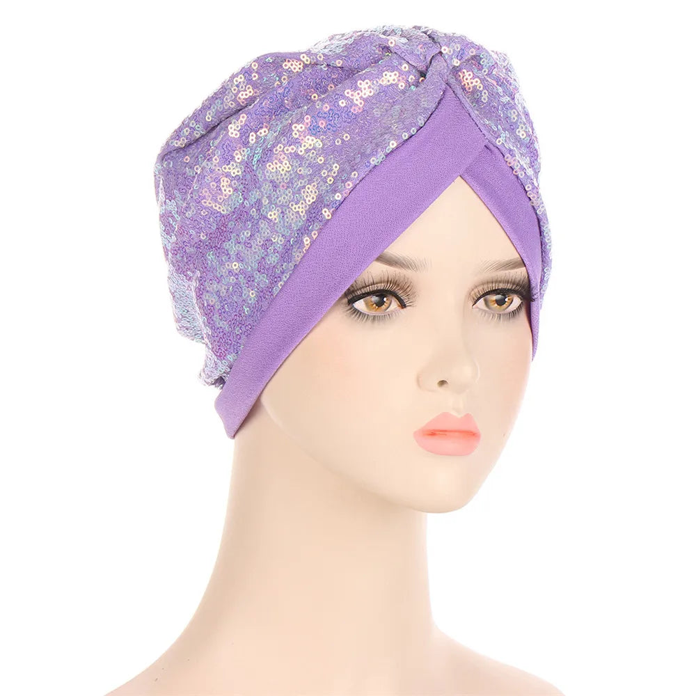 Women Glitter Sequins Turban Hat Fashion Bonnet Twist Solid Color Hijab Chemo Cap Head Wraps Elegant Headscarf Stretchy Headband