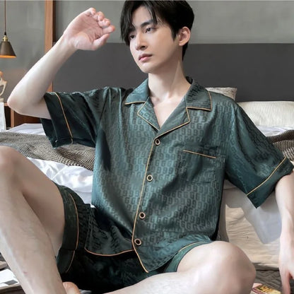 Summer Ice Silk Men's Two-Piece Pajamas Set Short-Sleeved Sleepwear Male Pajama Set Nightwear Sleepwear Suit Homewear