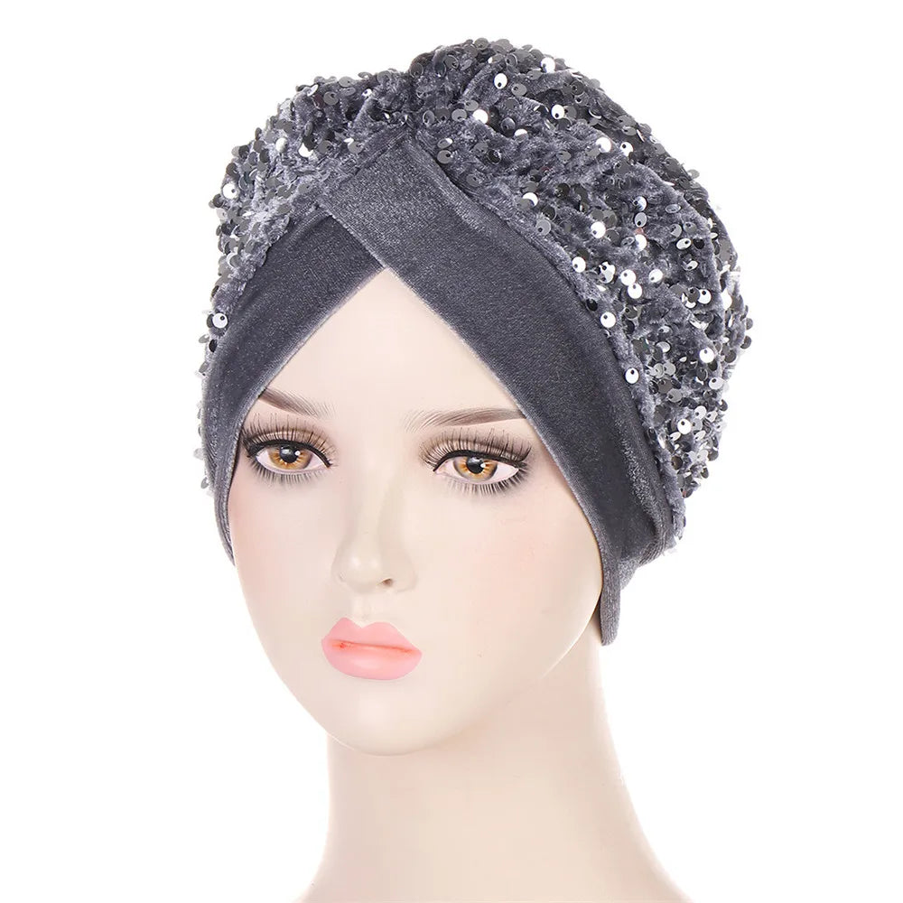 Women Glitter Sequins Turban Hat Fashion Bonnet Twist Solid Color Hijab Chemo Cap Head Wraps Elegant Headscarf Stretchy Headband