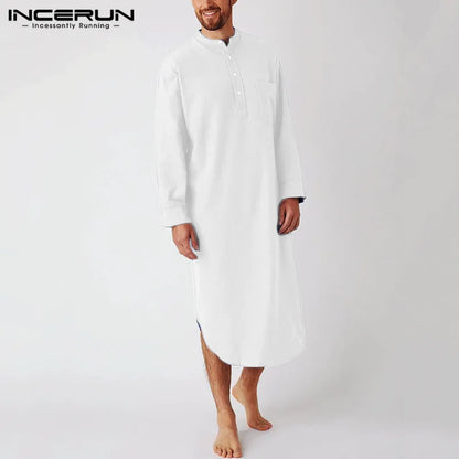 INCERUN Men's Sleep Robes Solid Color Long Sleeve O-neck Leisure Nightgown Mens Homewear 2024 Cotton Comfort Bathrobes Plus Size