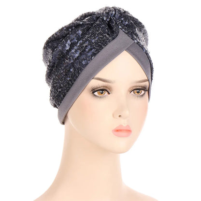 Women Glitter Sequins Turban Hat Fashion Bonnet Twist Solid Color Hijab Chemo Cap Head Wraps Elegant Headscarf Stretchy Headband