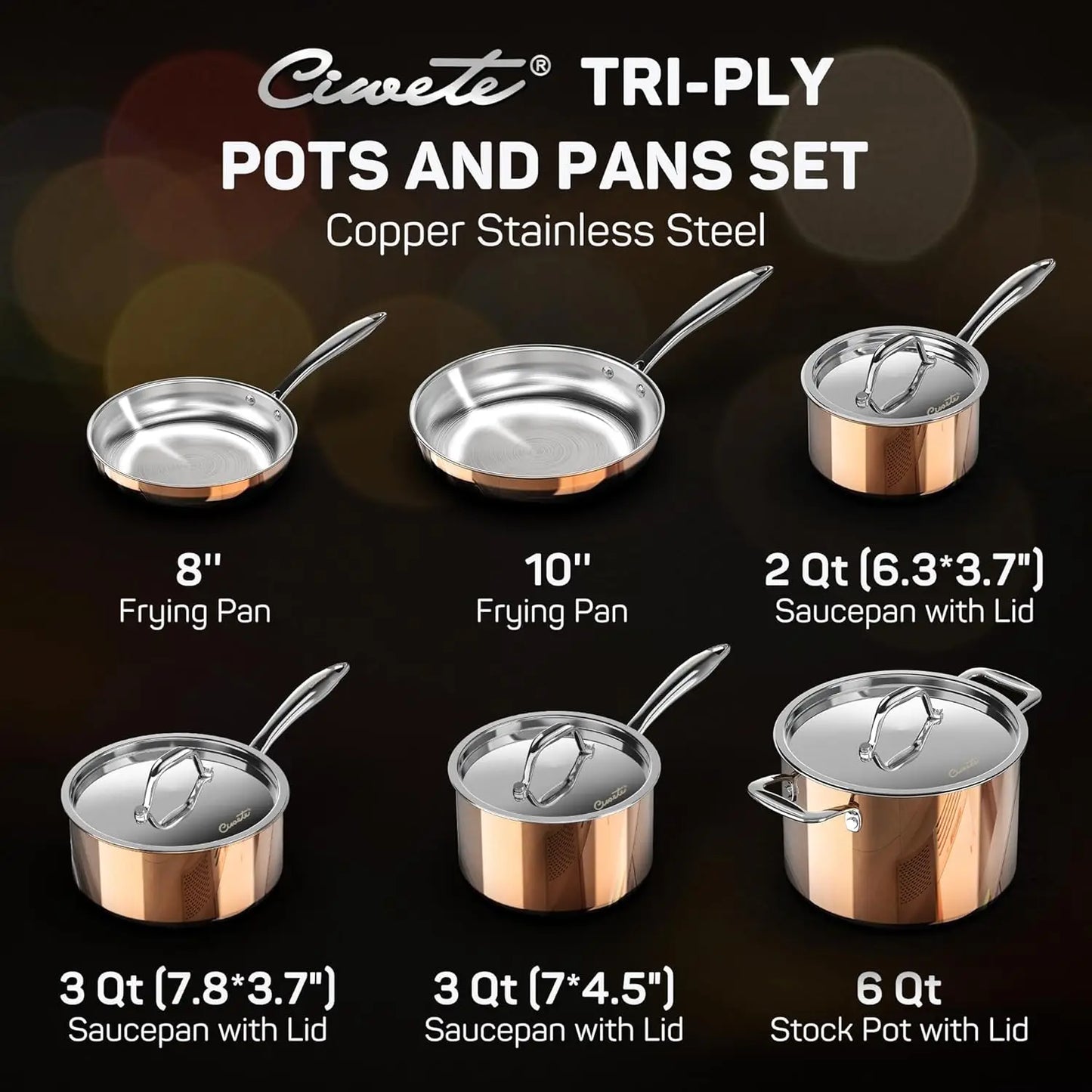 10-Piece Tri-Ply Stainless Steel Cookware Set – Copper Pots & Pans with Lids