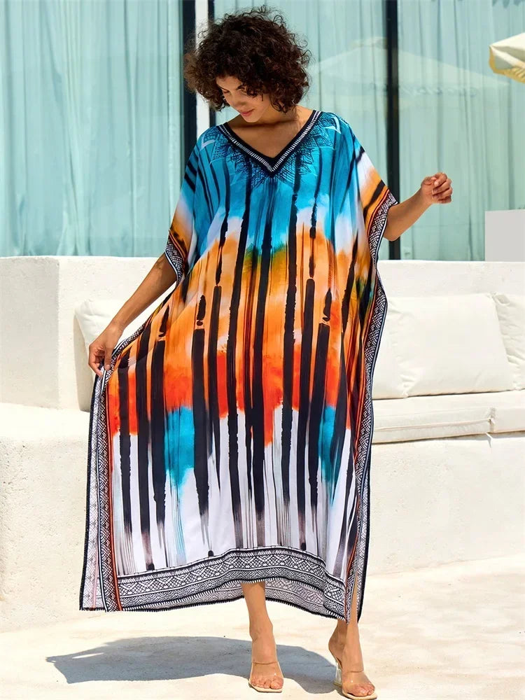 Boho Blue Plus Size Kaftan Striped Printed 2024 Summer Vacation Women Long Beach Dress Lounge Wear Sexy Swimsuit Cover Up Q1674