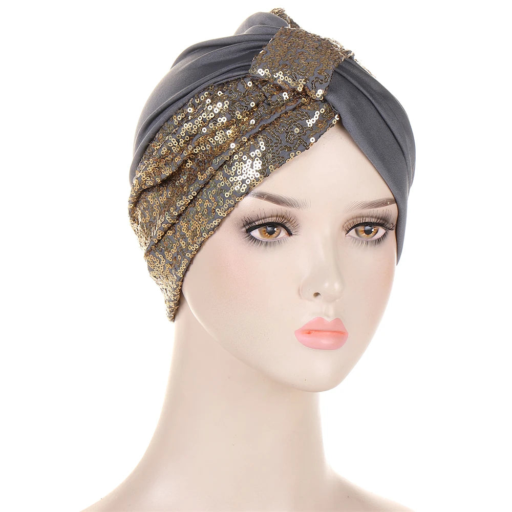 Women Glitter Sequins Turban Hat Fashion Bonnet Twist Solid Color Hijab Chemo Cap Head Wraps Elegant Headscarf Stretchy Headband