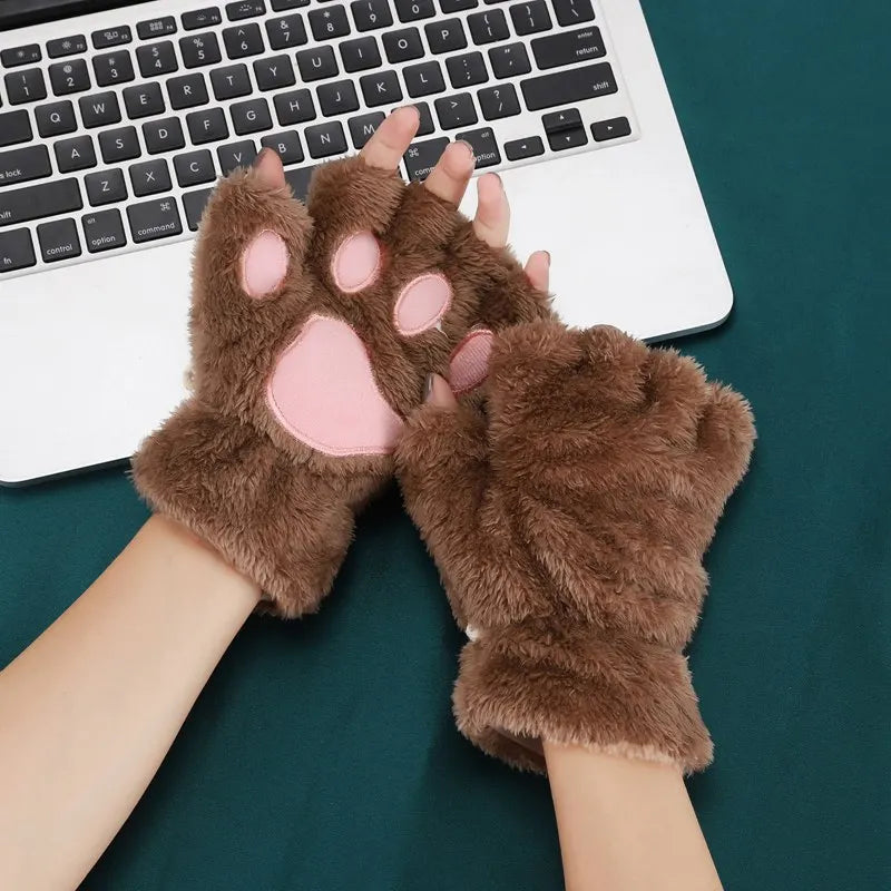 Women’s Cartoon Cat Claw Gloves Plush Bear Paw Winter Mittens