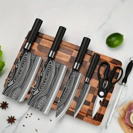 Laser Damascus Knife Set – Chef, Meat, Fruit Knives & Scissors