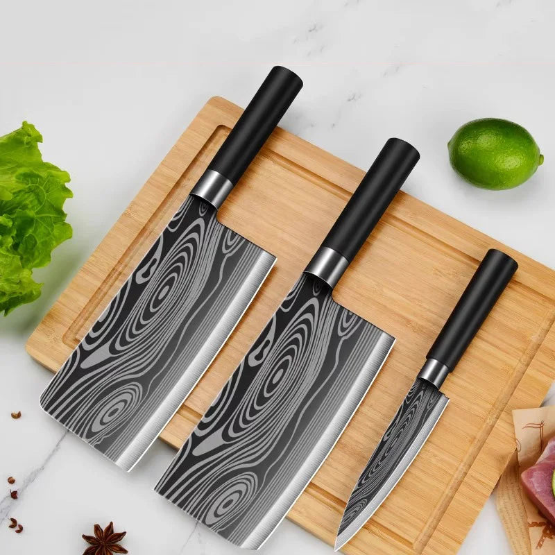 Laser Damascus Knife Set – Chef, Meat, Fruit Knives & Scissors