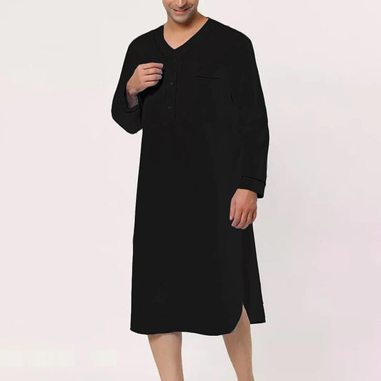 Men V-Neck Linen Robe Roll Up Short Sleeve Solid Long Night Gown Casual Loose Shirt Kaftan Thobe with Pocket