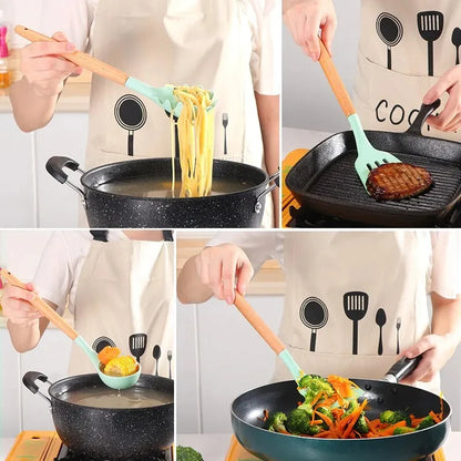 12-Piece Silicone Kitchen Utensil Set with Wooden Handles – Non-Stick Cookware Tools