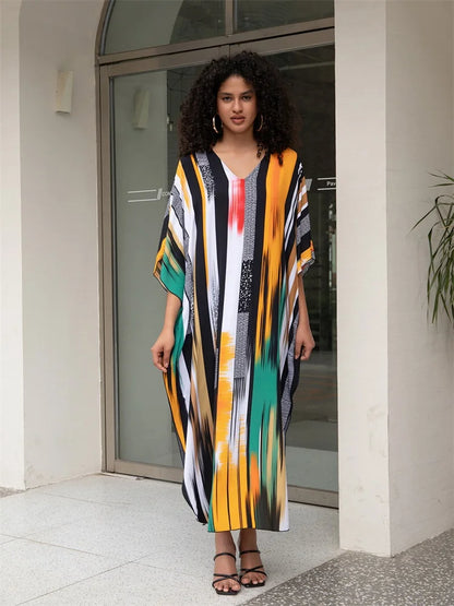 Bohemian Striped Print Plus Size Kaftan V-neck Side Split House Dress 2024 Summer Women's Beachwear Bathing Suit Cover Up Q1638