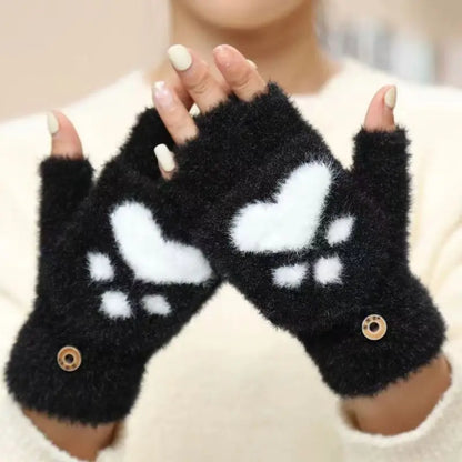 Thickened Women’s Cat Claw Paw Plush Fingerless Winter Gloves