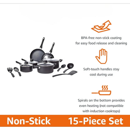 Non-stick cookware 15-piece set, pots, pans and cutlery, aluminum and glass lid, non-stick coating for easy cooking and cleaning