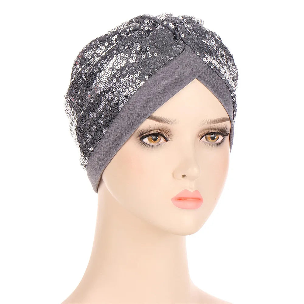 Women Glitter Sequins Turban Hat Fashion Bonnet Twist Solid Color Hijab Chemo Cap Head Wraps Elegant Headscarf Stretchy Headband