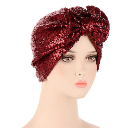 Women Glitter Sequins Turban Hat Fashion Bonnet Twist Solid Color Hijab Chemo Cap Head Wraps Elegant Headscarf Stretchy Headband