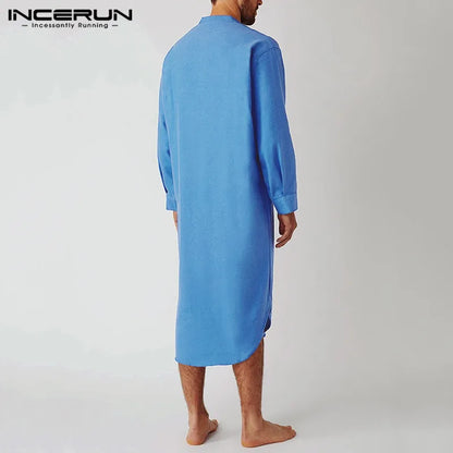 INCERUN Men's Sleep Robes Solid Color Long Sleeve O-neck Leisure Nightgown Mens Homewear 2024 Cotton Comfort Bathrobes Plus Size