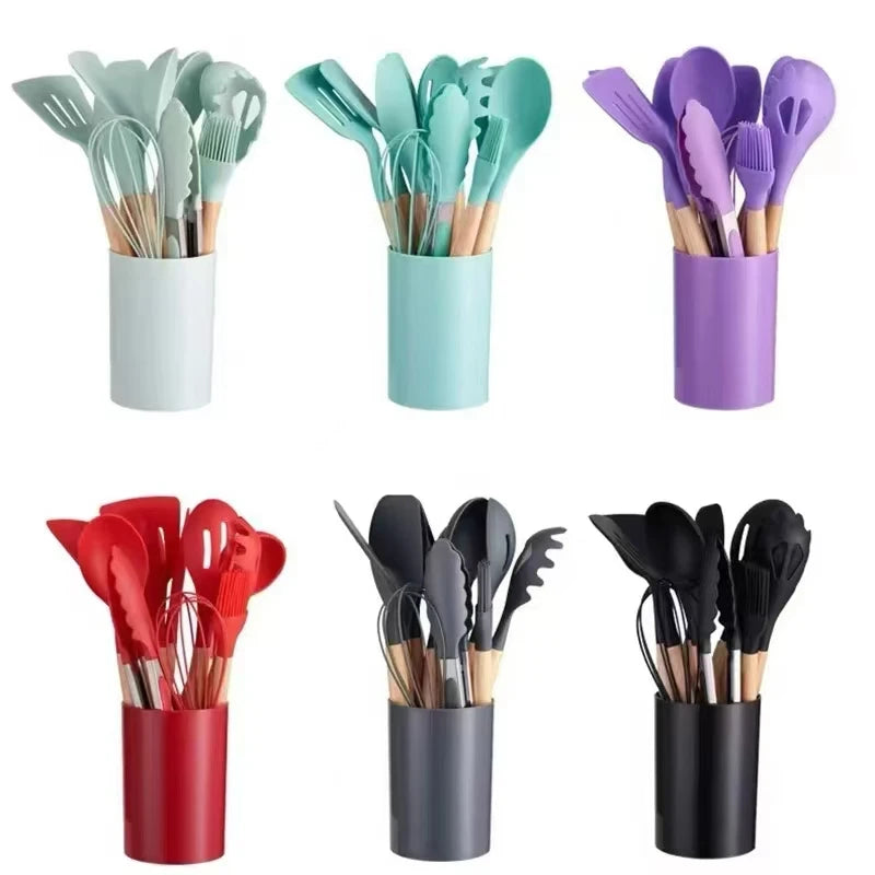 12Pcs Silicone Cooking Utensils Set – Wooden Handle, Non-Stick Kitchen Tools