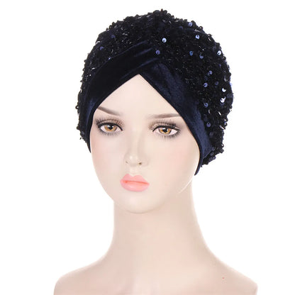 Women Glitter Sequins Turban Hat Fashion Bonnet Twist Solid Color Hijab Chemo Cap Head Wraps Elegant Headscarf Stretchy Headband