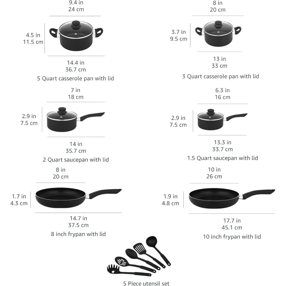 Non-stick cookware 15-piece set, pots, pans and cutlery, aluminum and glass lid, non-stick coating for easy cooking and cleaning