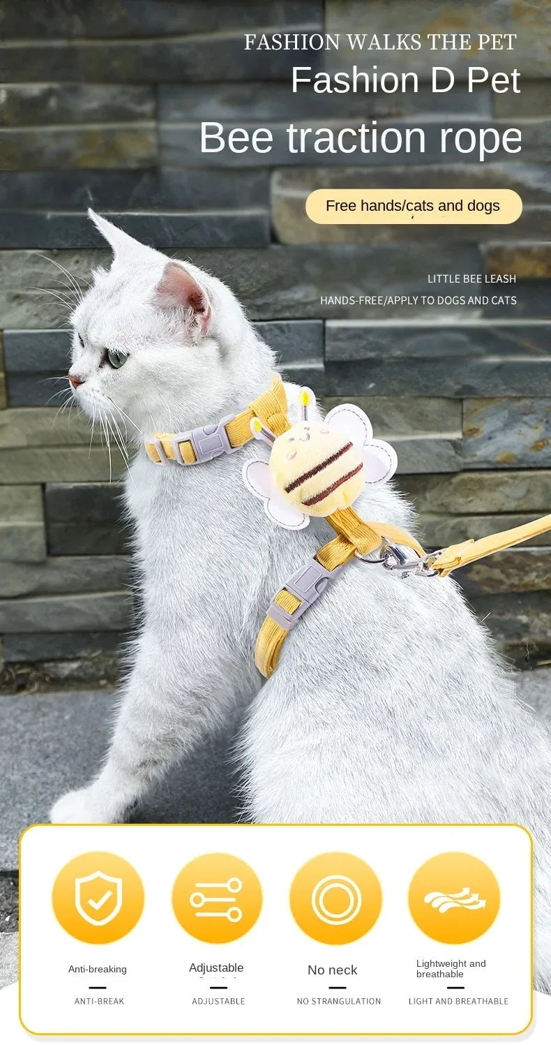 Adjustable Cartoon Bee Cat Harness with Leash – Small Medium Dogs & Cats