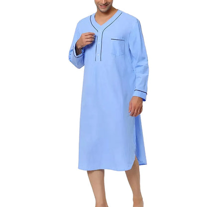 Men V-Neck Linen Robe Roll Up Short Sleeve Solid Long Night Gown Casual Loose Shirt Kaftan Thobe with Pocket