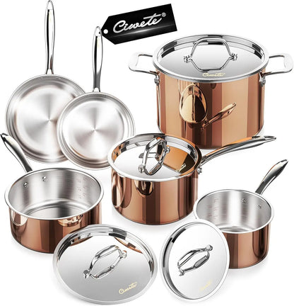 10-Piece Tri-Ply Stainless Steel Cookware Set – Copper Pots & Pans with Lids