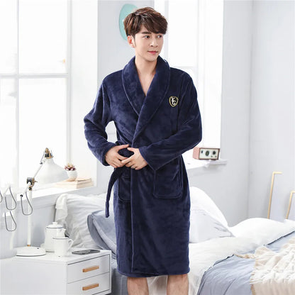 Thickened Flannel Men Robe Sleepwear Autumn Winter Warm Coral Fleece Bathrobe Gown Nightwear Loose Casual Home Wear Loungewear