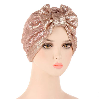 Women Glitter Sequins Turban Hat Fashion Bonnet Twist Solid Color Hijab Chemo Cap Head Wraps Elegant Headscarf Stretchy Headband