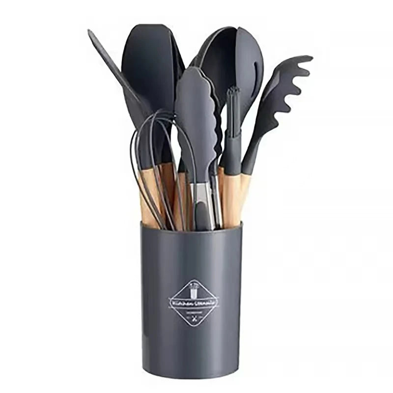 12Pcs Silicone Cooking Utensils Set – Wooden Handle, Non-Stick Kitchen Tools