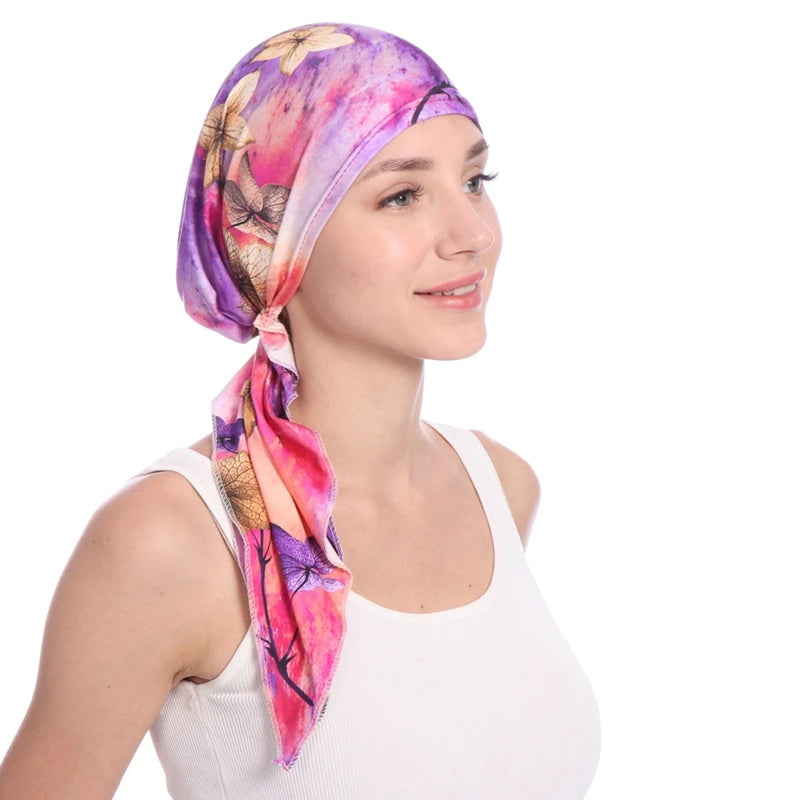 Women Headscarf Cap Floral Print Pre Long Tied Tassel Stretchy Head Wrap Hair Accessories Muslim Chemo Hat Turban Headwear