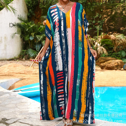 Women Floral Print Caftans Bathing Suit Cover Ups Plus Size Long Beach Cover Up Dress Kaftan Dresses