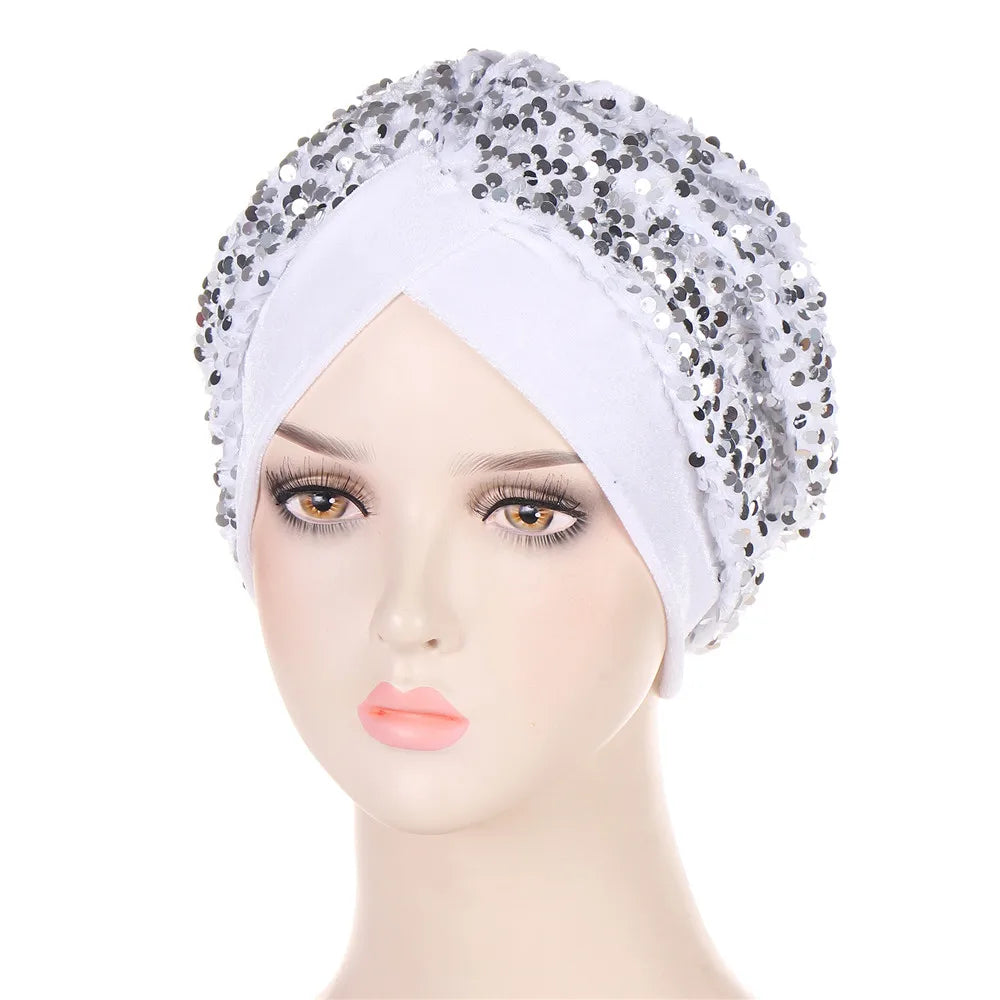 Women Glitter Sequins Turban Hat Fashion Bonnet Twist Solid Color Hijab Chemo Cap Head Wraps Elegant Headscarf Stretchy Headband