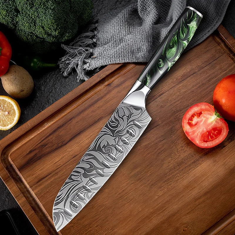 Damascus Knife Set – Chef, Santoku, Boning, Paring Knives with Green Resin Handle