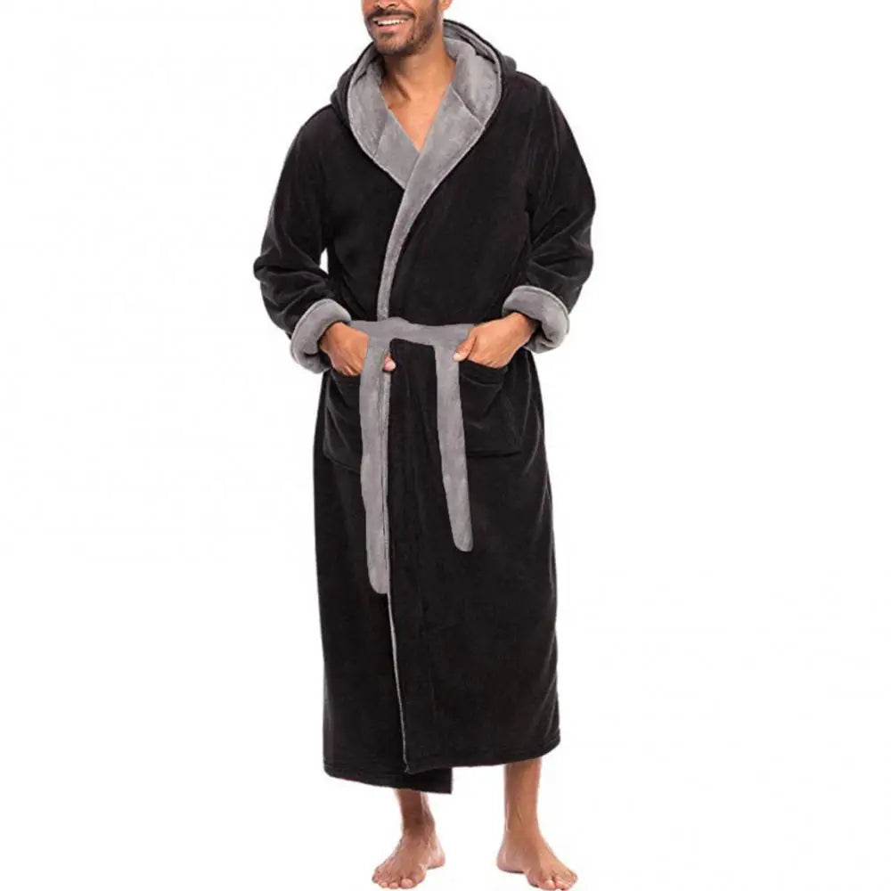 Pockets Soft Men Coral Fleece Color Block Long Bath Robe Home Gown Sleepwear