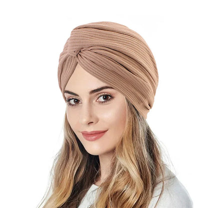 Rippled Twist Turban Caps for Women Muslim Headscarf Bonnet Stretchy Female Head Wraps Solid Cotton Turbante Indian Hat