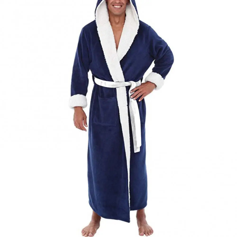 Pockets Soft Men Coral Fleece Color Block Long Bath Robe Home Gown Sleepwear