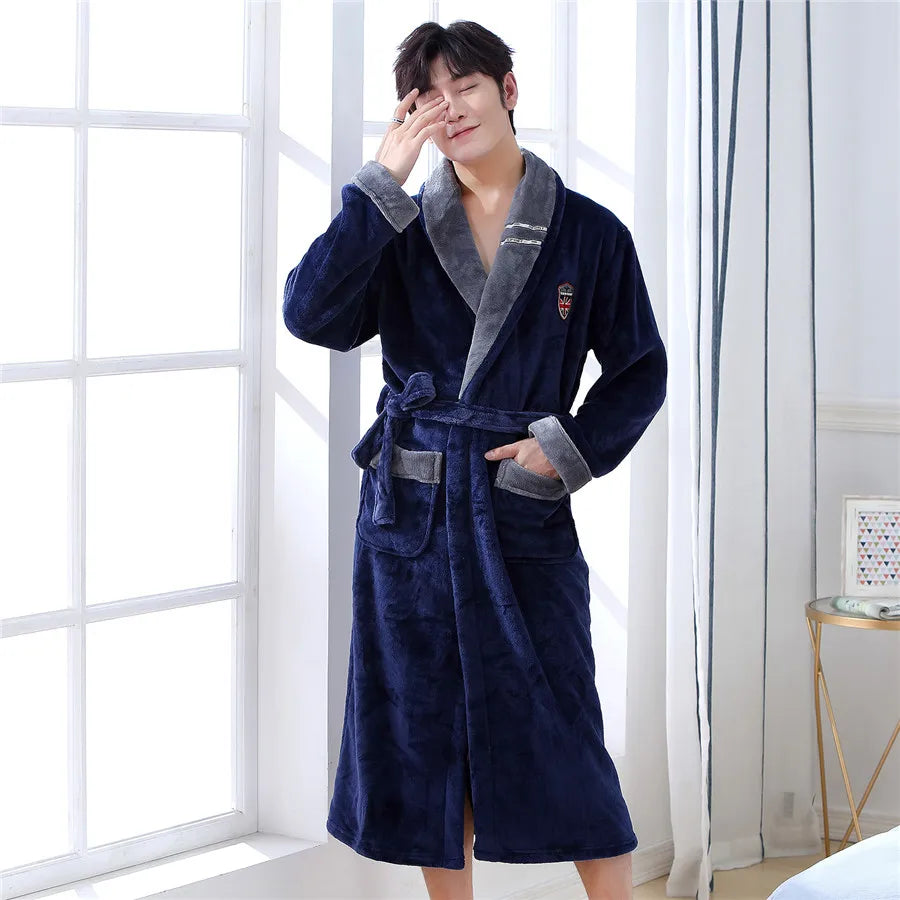 Thickened Flannel Men Robe Sleepwear Autumn Winter Warm Coral Fleece Bathrobe Gown Nightwear Loose Casual Home Wear Loungewear