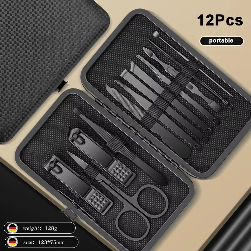 8/12/15/20/24pcs black Nail clipper set Pedicure knife Stainless steel Nail beauty tool Nail Care Trimmer Portable travel box