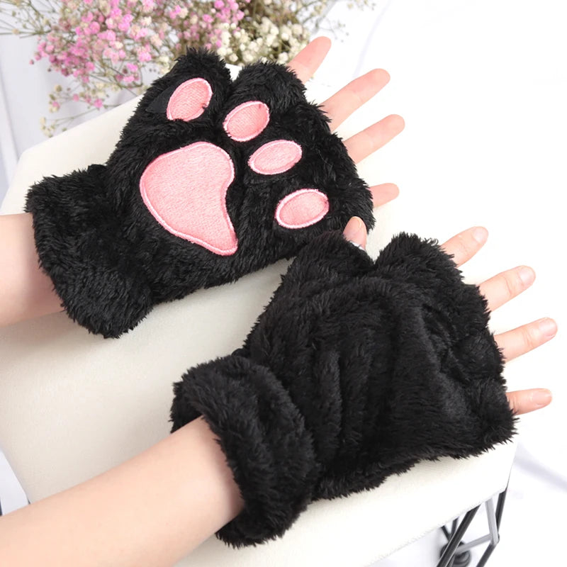 Women’s Cartoon Cat Claw Gloves Plush Bear Paw Winter Mittens