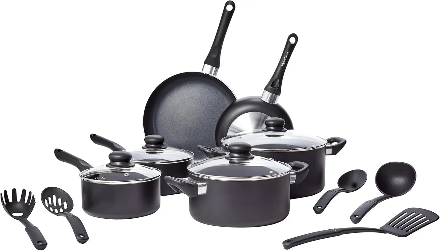 Non-stick cookware 15-piece set, pots, pans and cutlery, aluminum and glass lid, non-stick coating for easy cooking and cleaning