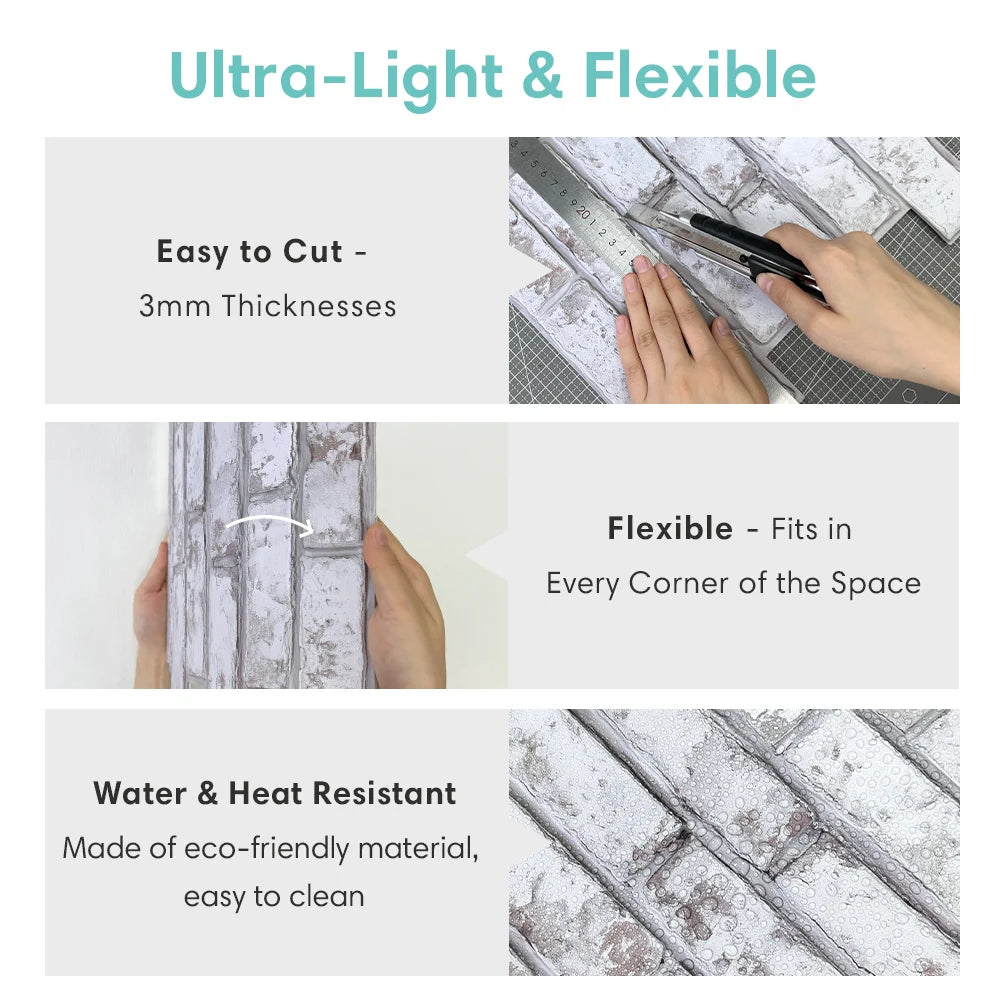 3D Whitewash Brick Tile Stickers – Water & Mold Resistant, 30cm x 30cm