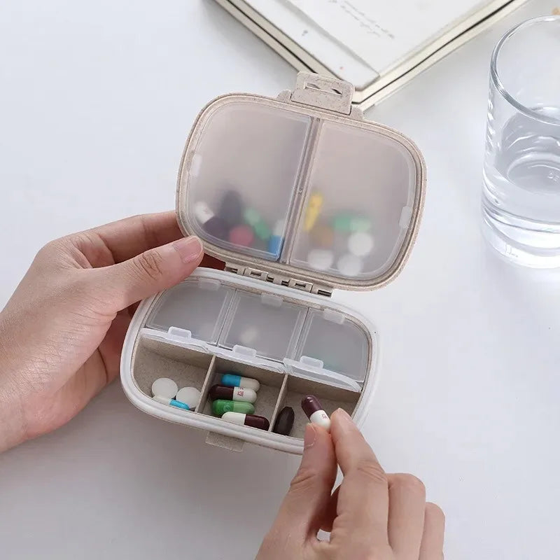 Mini Portable 8 Grids Pill Box Travel Medicine Organizer Container Wheat Sealed Tablets Storage Dispenser Box for Medicines