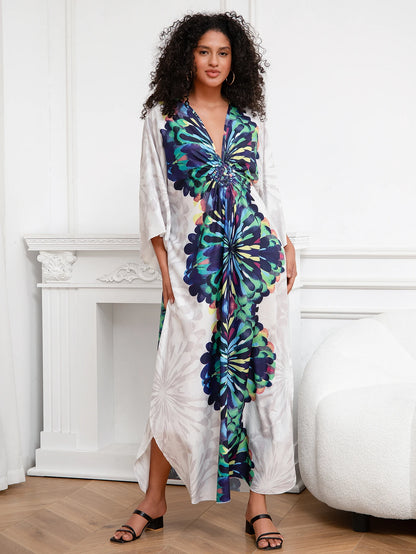 Sexy White Beach Dress 2024 Women Summer Clothing V Neck Bat Sleeve Boho Print Plus Size Kaftan Beachwear Bikini Cover-ups Q1289