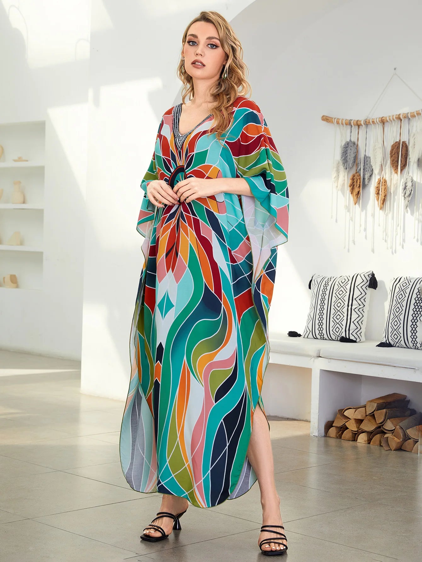 Beach Cover Ups for Swimwear Women Printed Kaftans Summer Holiday Bathing Suits Factory Supply